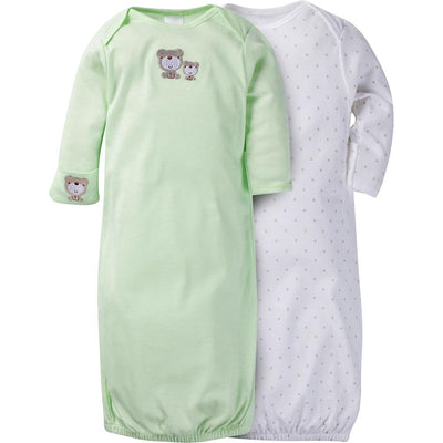 2-Pack Neutral Mint Green Bear Mitten Cuff Gowns-Gerber Childrenswear Wholesale
