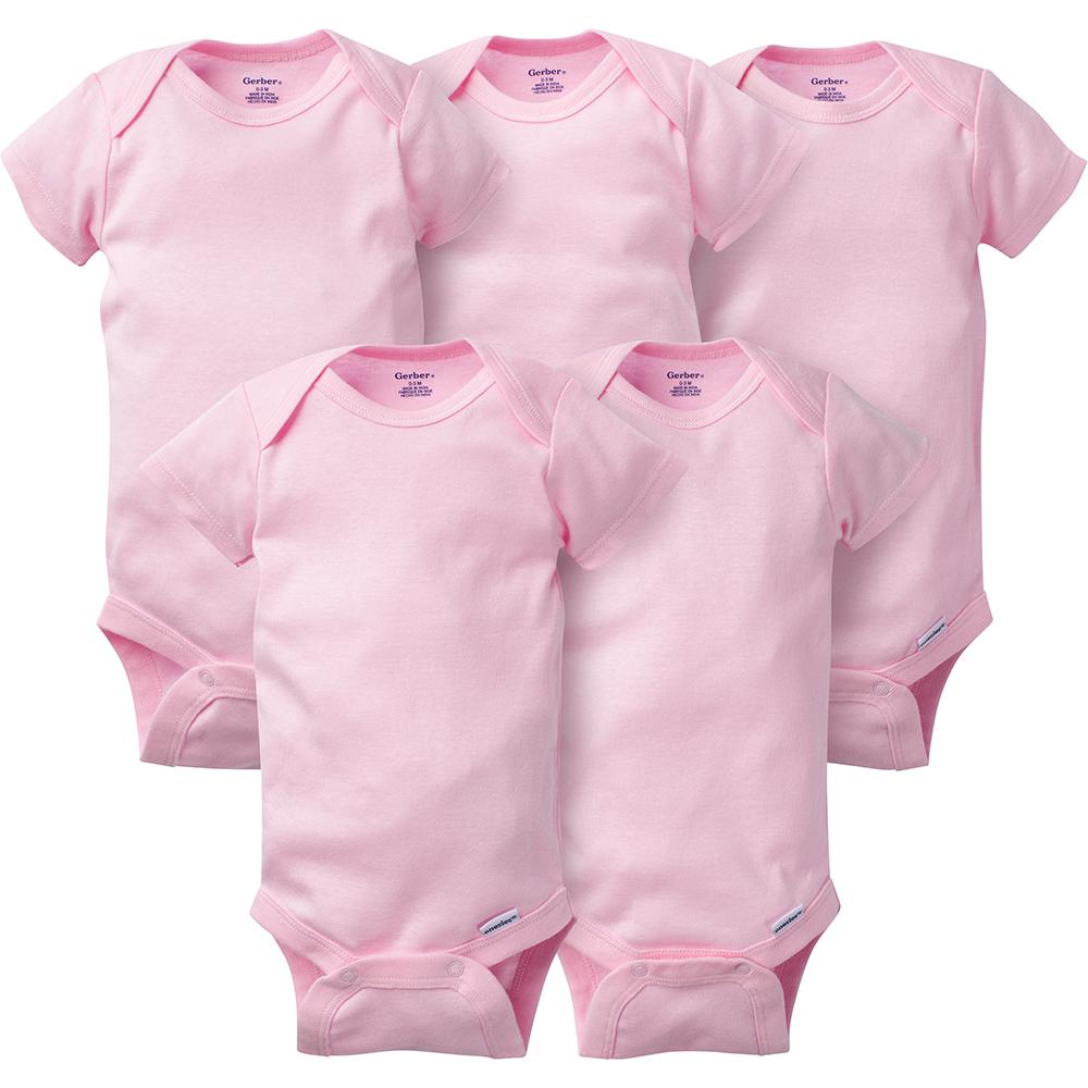 5-Pack Solid Pink Short Sleeve Onesies® Bodysuits-Gerber Childrenswear Wholesale