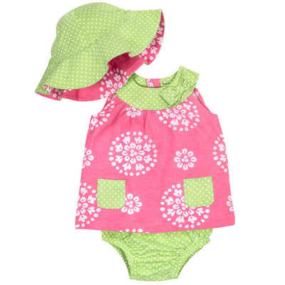 3-Piece Girls Lime Green & Pink Dress Set With Reversible Hat-Gerber Childrenswear Wholesale