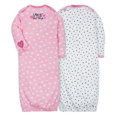 2-Pack Girls Pink & Navy Hearts Mitten Cuff Gowns-Gerber Childrenswear Wholesale