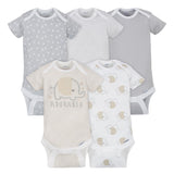 5-pack Neutral Grey Elephant Short Sleeve Onesies® Bodysuits-Gerber Childrenswear Wholesale