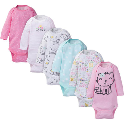 6-Pack Onesies® Brand Baby Girl Long Sleeve Kitty Bodysuits-Gerber Childrenswear Wholesale