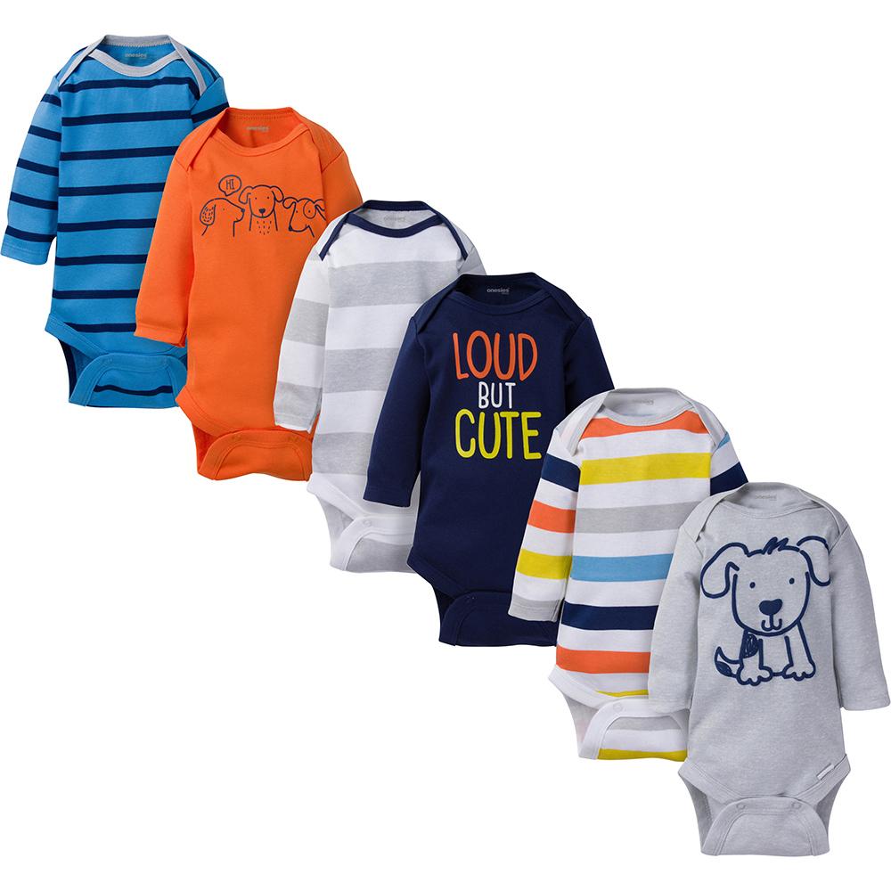 6-Pack Onesies® Brand Baby Boy Navy & Orange Long Sleeve Bodysuits-Gerber Childrenswear Wholesale