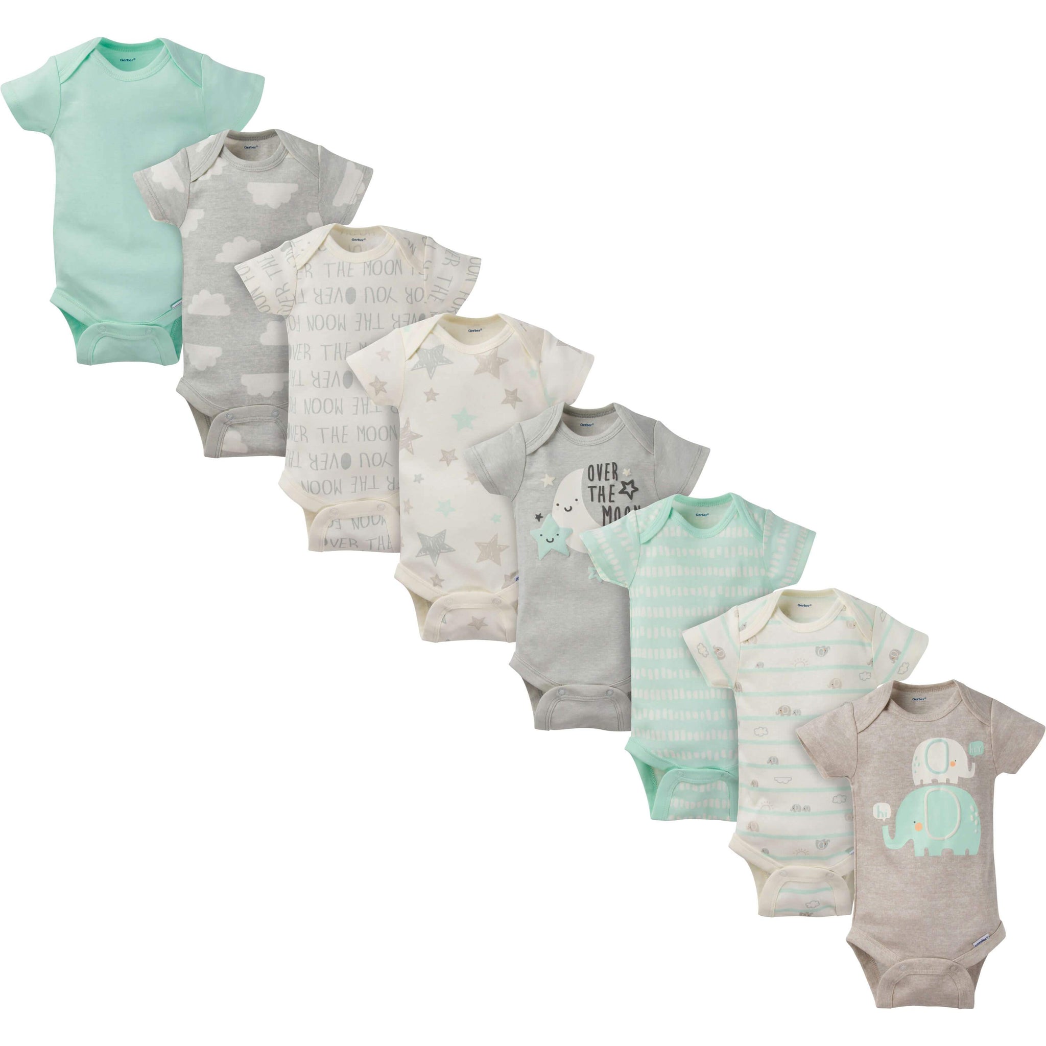 8-Pack Neutral Elephant Short-Sleeve Onesies® Bodysuits-Gerber Childrenswear Wholesale