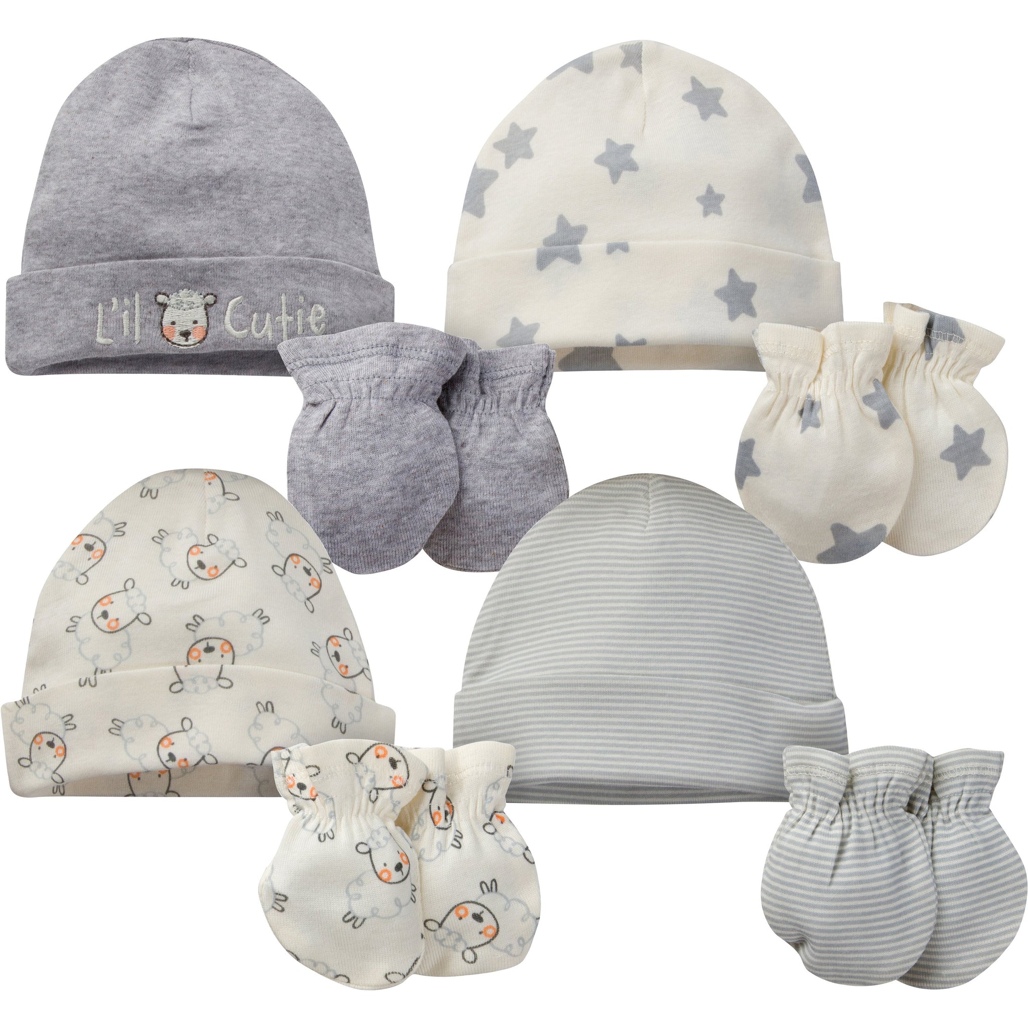 8-Piece Neutral Sheep Organic Cap and Mitten Set-Gerber Childrenswear Wholesale