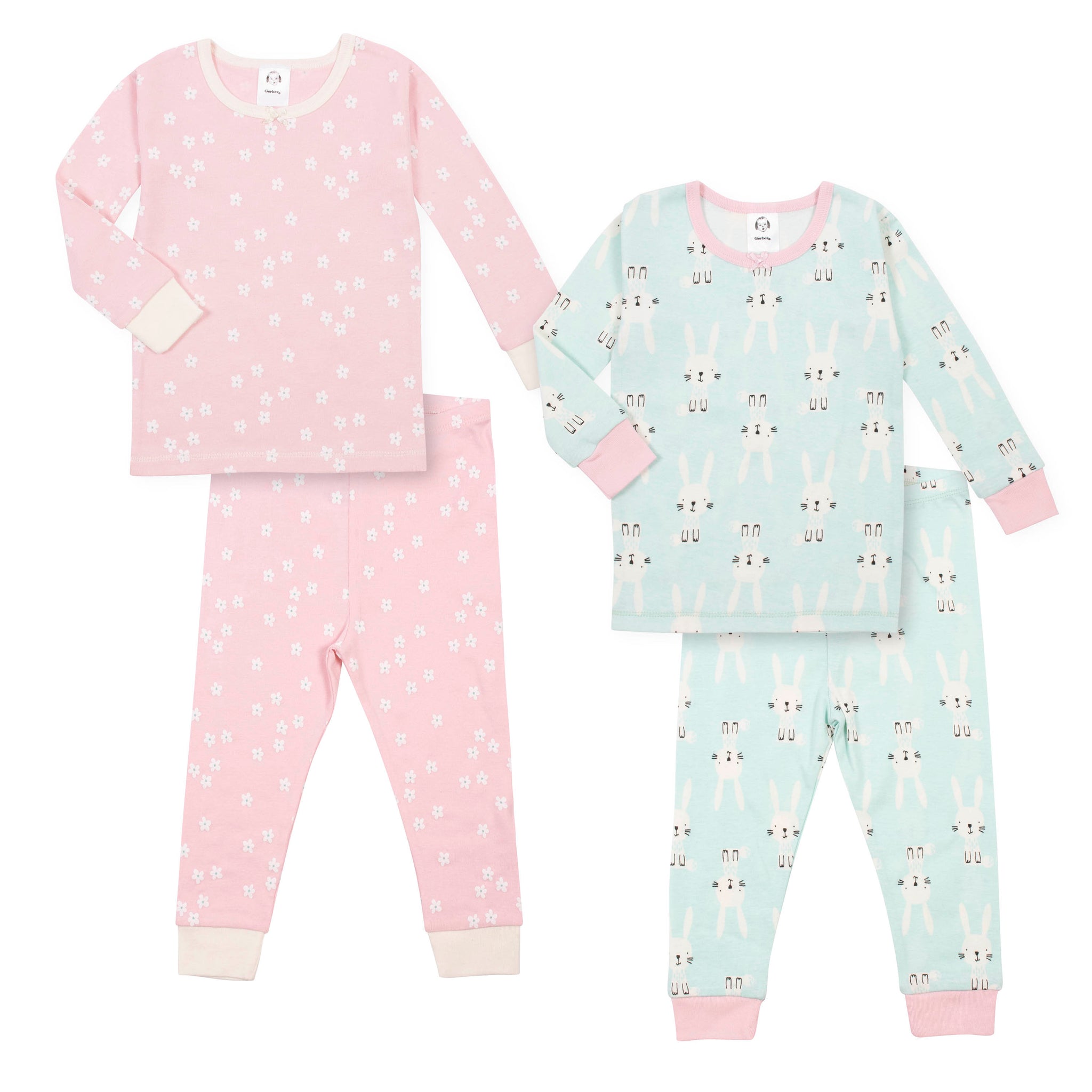 4-Piece Organic Girls Snug Fit Bunny Pajamas-Gerber Childrenswear Wholesale