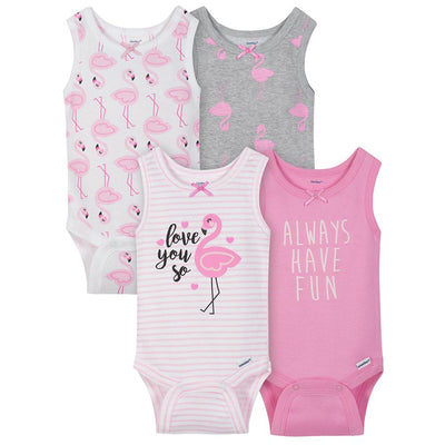 4-Pack Girls Flamingo Sleeveless Onesies® Bodysuits-Gerber Childrenswear Wholesale