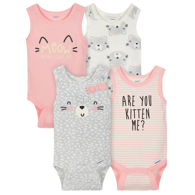 4-Pack Girls Kitten Sleeveless Onesies® Bodysuits-Gerber Childrenswear Wholesale