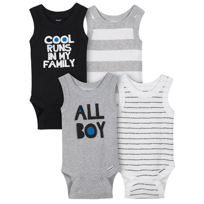4-Pack Boys Cool Runs In My Family Sleeveless Onesies® Bodysuits-Gerber Childrenswear Wholesale