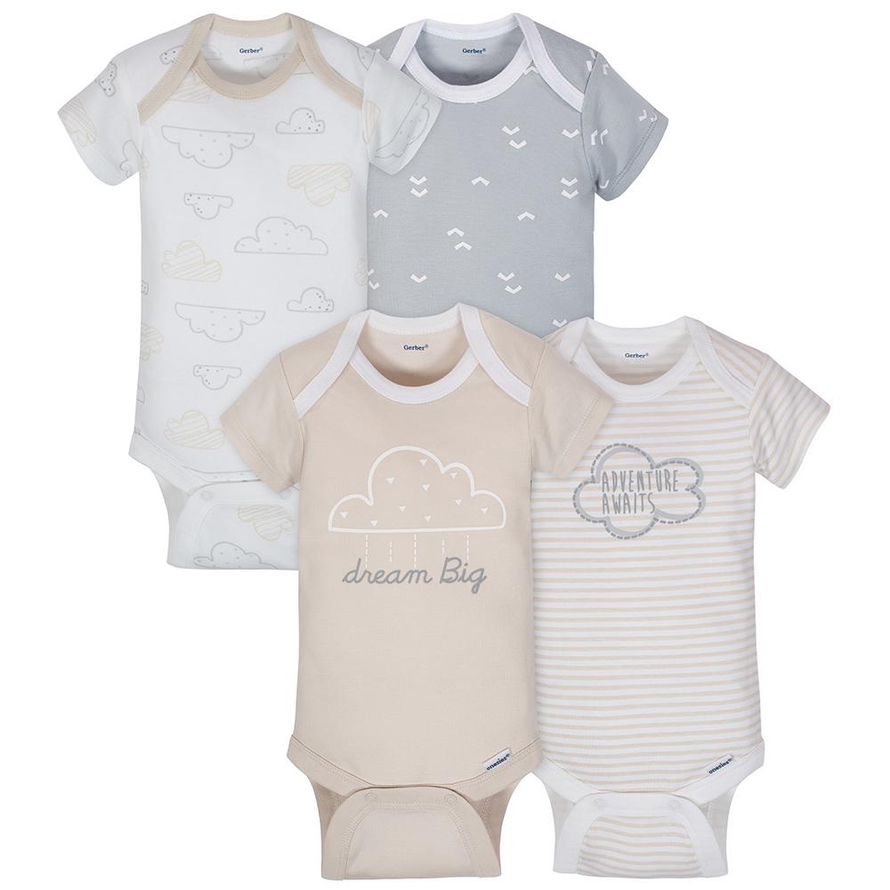 4-Pack Neutral Clouds Short Sleeve Onesies® Bodysuits-Gerber Childrenswear Wholesale