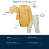 3-Piece Baby Girls Floral Onesies® Bodysuit, Pant, & Cap Set-Gerber Childrenswear Wholesale