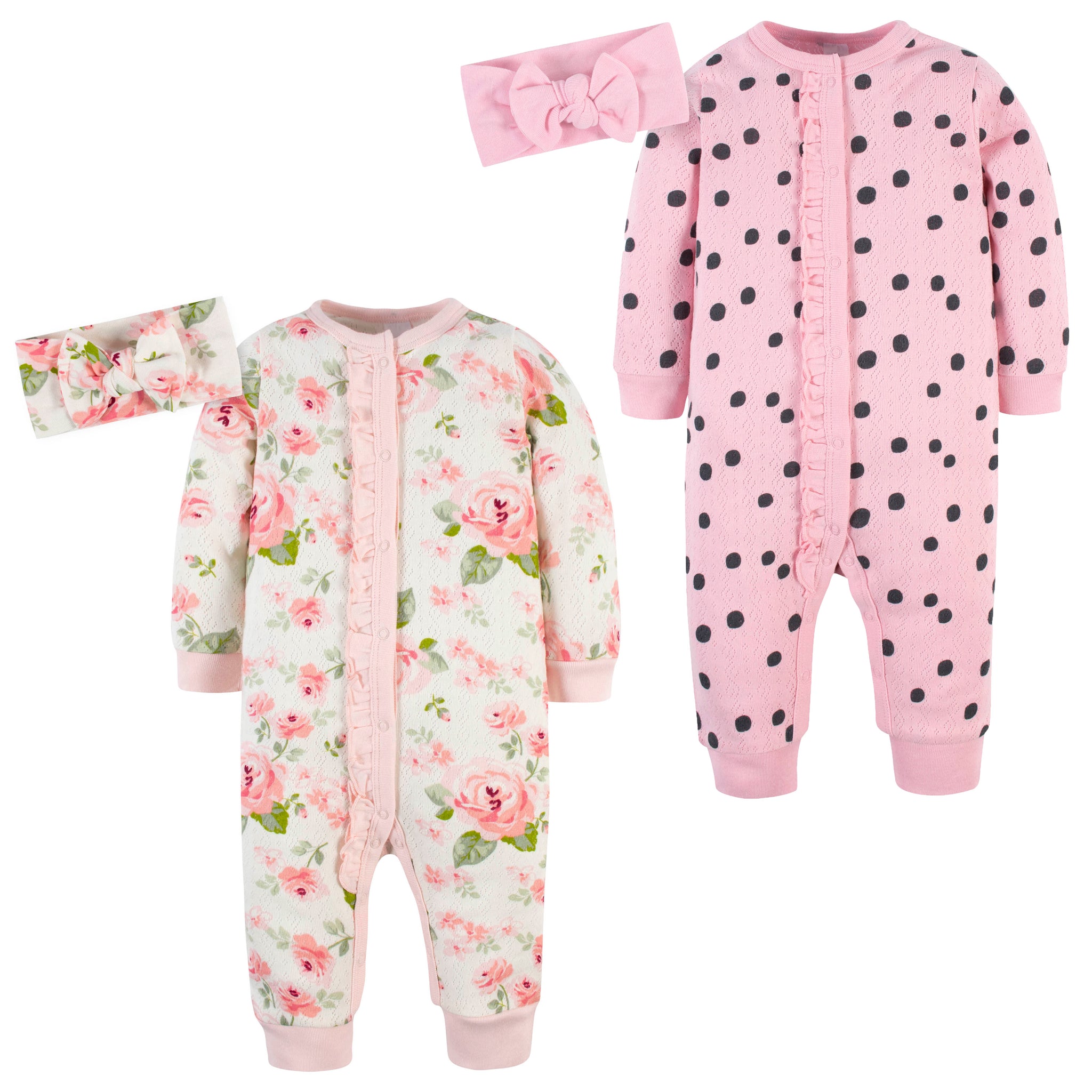 4-Piece Baby Girls Dots/Roses Coveralls & Headbands Set-Gerber Childrenswear Wholesale