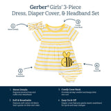 3-Piece Baby & Toddler Girls Bee Garden Dress, Diaper Cover & Headband Set-Gerber Childrenswear Wholesale