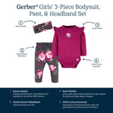 3-Piece Baby Girls Burgundy Garden Onesies® Bodysuit, Pants & Headband Set-Gerber Childrenswear Wholesale
