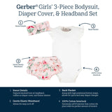 3-Piece Baby Girls Pink Garden Onesies® Bodysuit, Diaper Cover & Headband Set-Gerber Childrenswear Wholesale