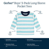 3-Pack Baby & Toddler Boys Royal Blues Long Sleeve Pocket Tees-Gerber Childrenswear Wholesale