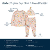 3-Piece Baby Girls Wildflower Long Sleeve Shirt, Footed Pant, & Cap Set-Gerber Childrenswear Wholesale