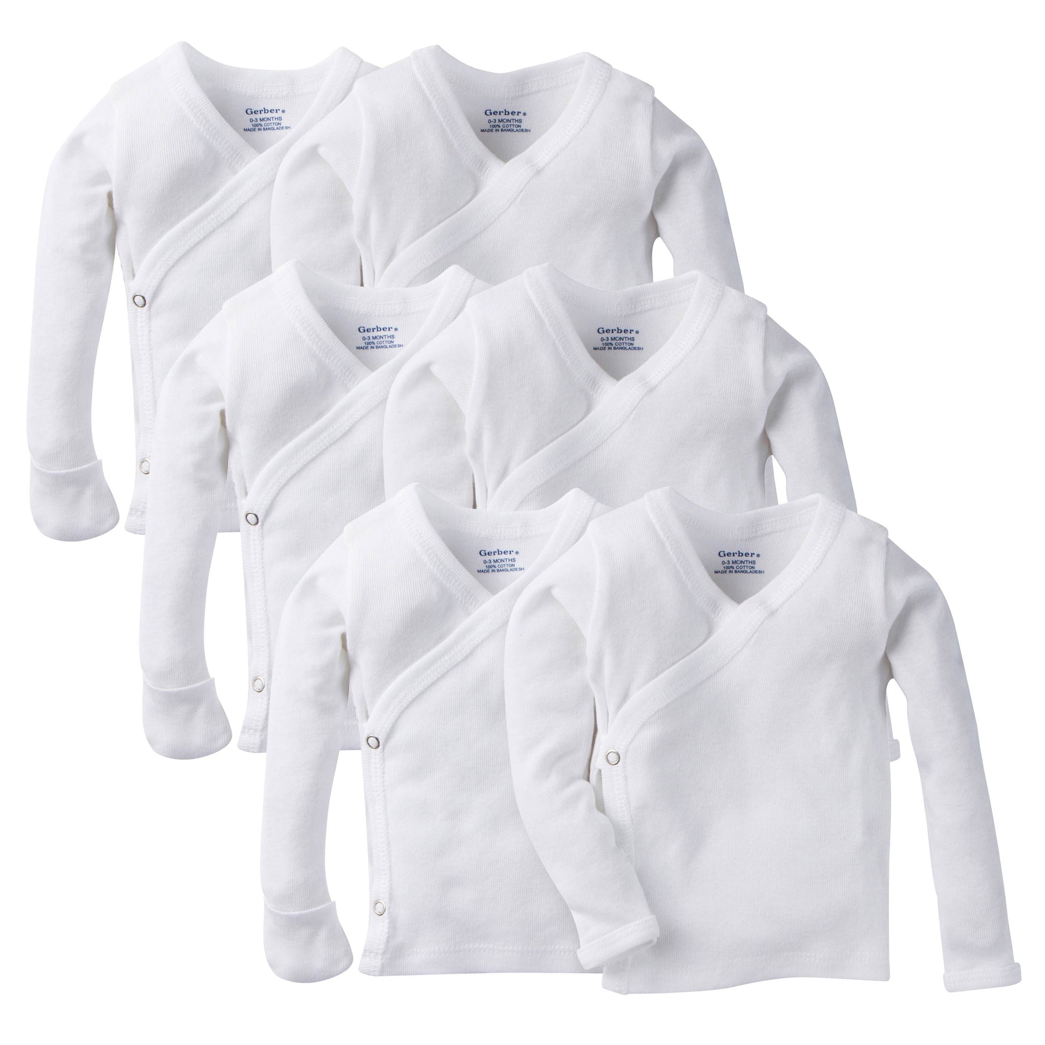 6-Pack White Long-Sleeve Side-Snap Mitten-Cuff Shirts-Gerber Childrenswear Wholesale