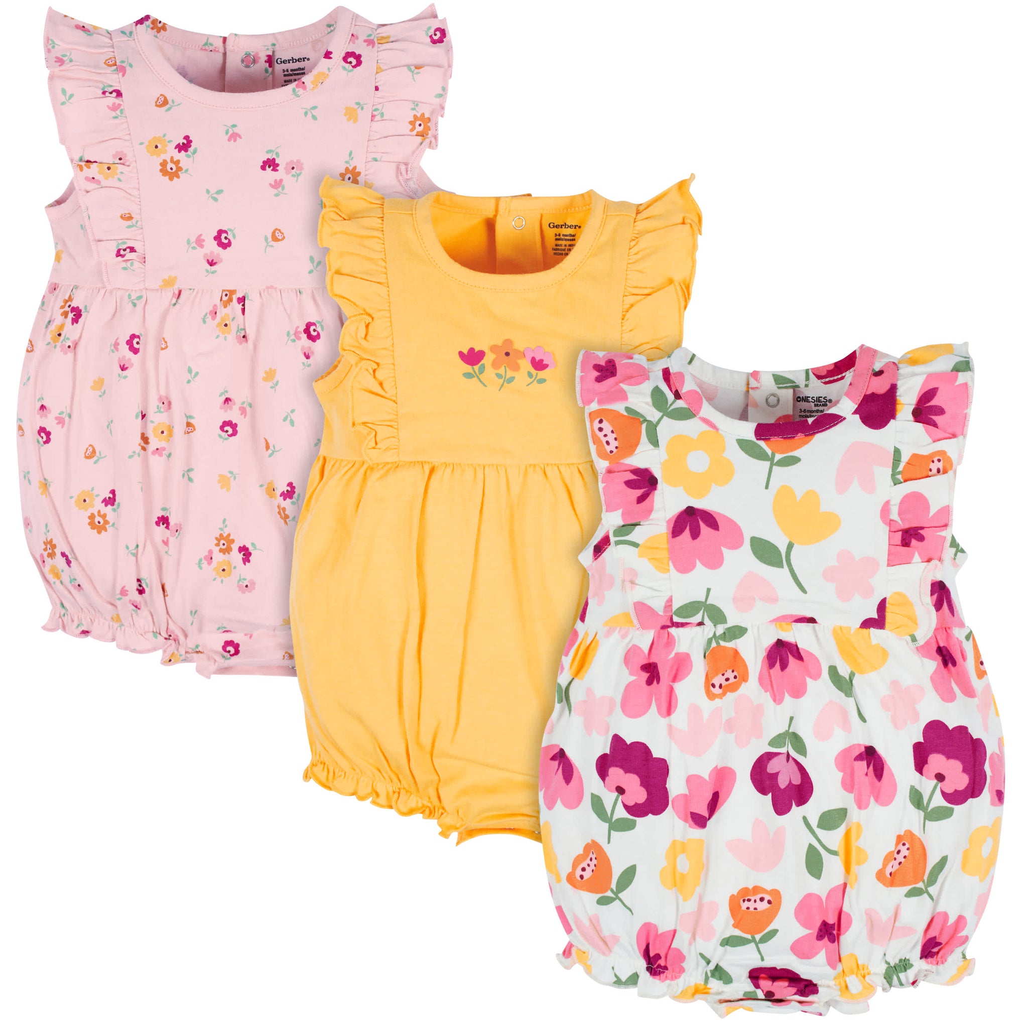 3-Pack Baby Girls Floral Fox Rompers-Gerber Childrenswear Wholesale