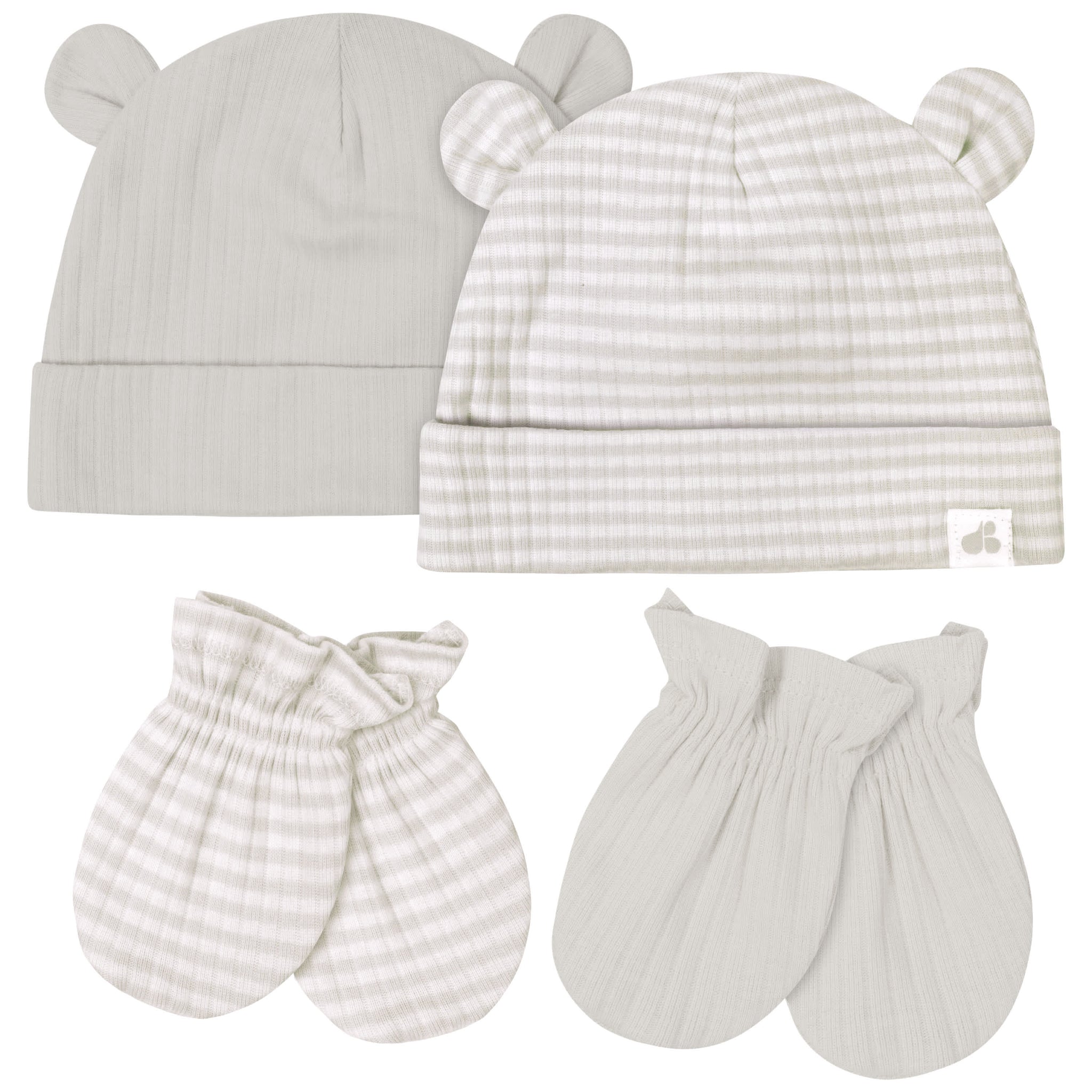 4-Piece Baby Neutral Natural Leaves Caps & Mittens Set-Gerber Childrenswear Wholesale