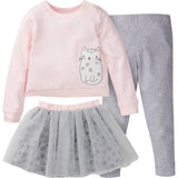 3-Piece Baby & Toddler Girls Kitty French Terry Top, Tulle Tutu, & Legging Set-Gerber Childrenswear Wholesale