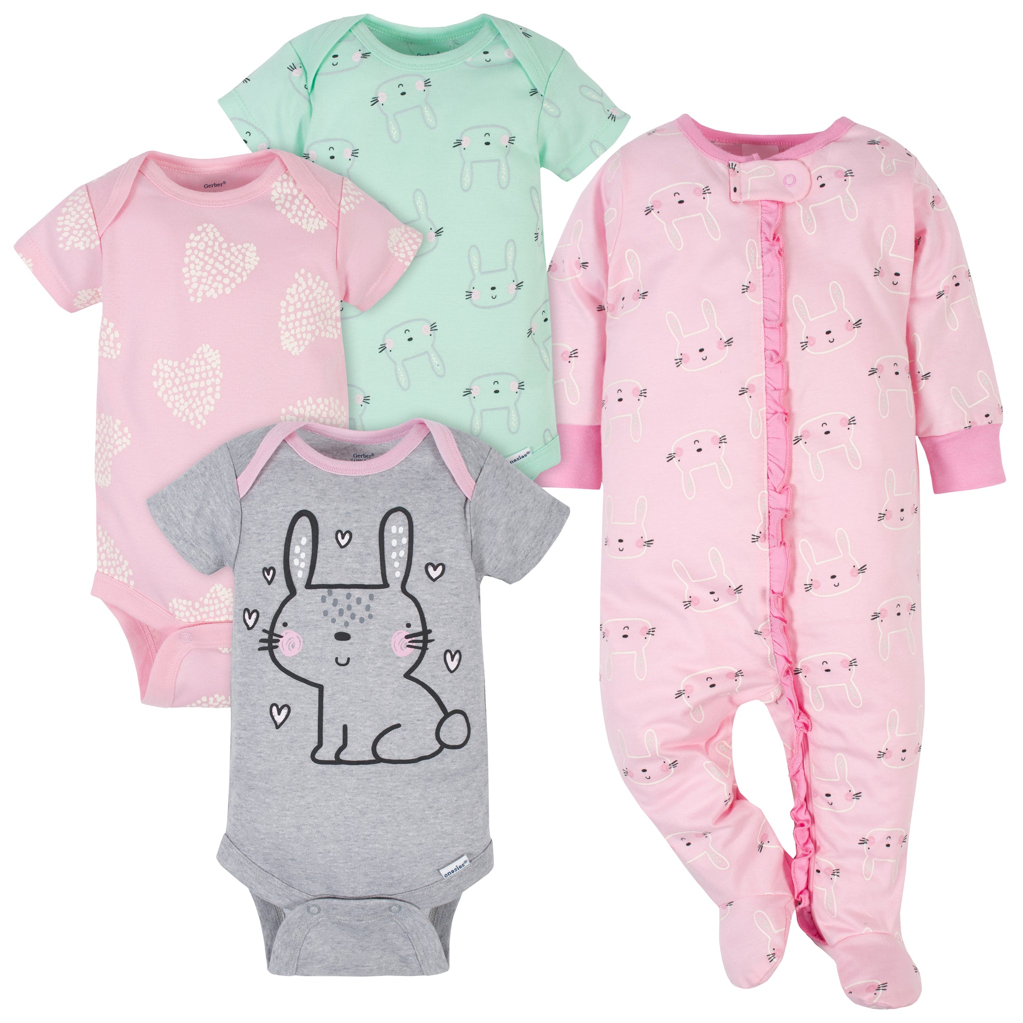 4-Piece Baby Girls Bear Onesies® Brand Bodysuits & Sleep 'N Play Set-Gerber Childrenswear Wholesale
