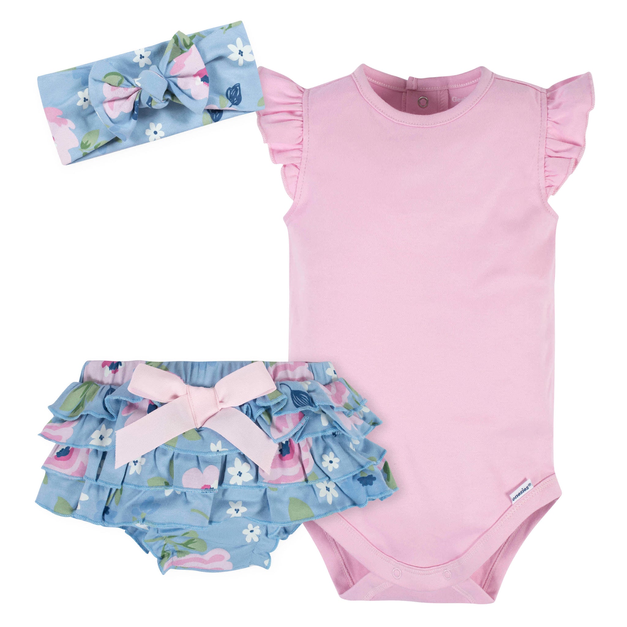 3-Piece Baby Girls Periwinkle Garden Onesies® Bodysuit, Diaper Cover & Headband Set-Gerber Childrenswear Wholesale