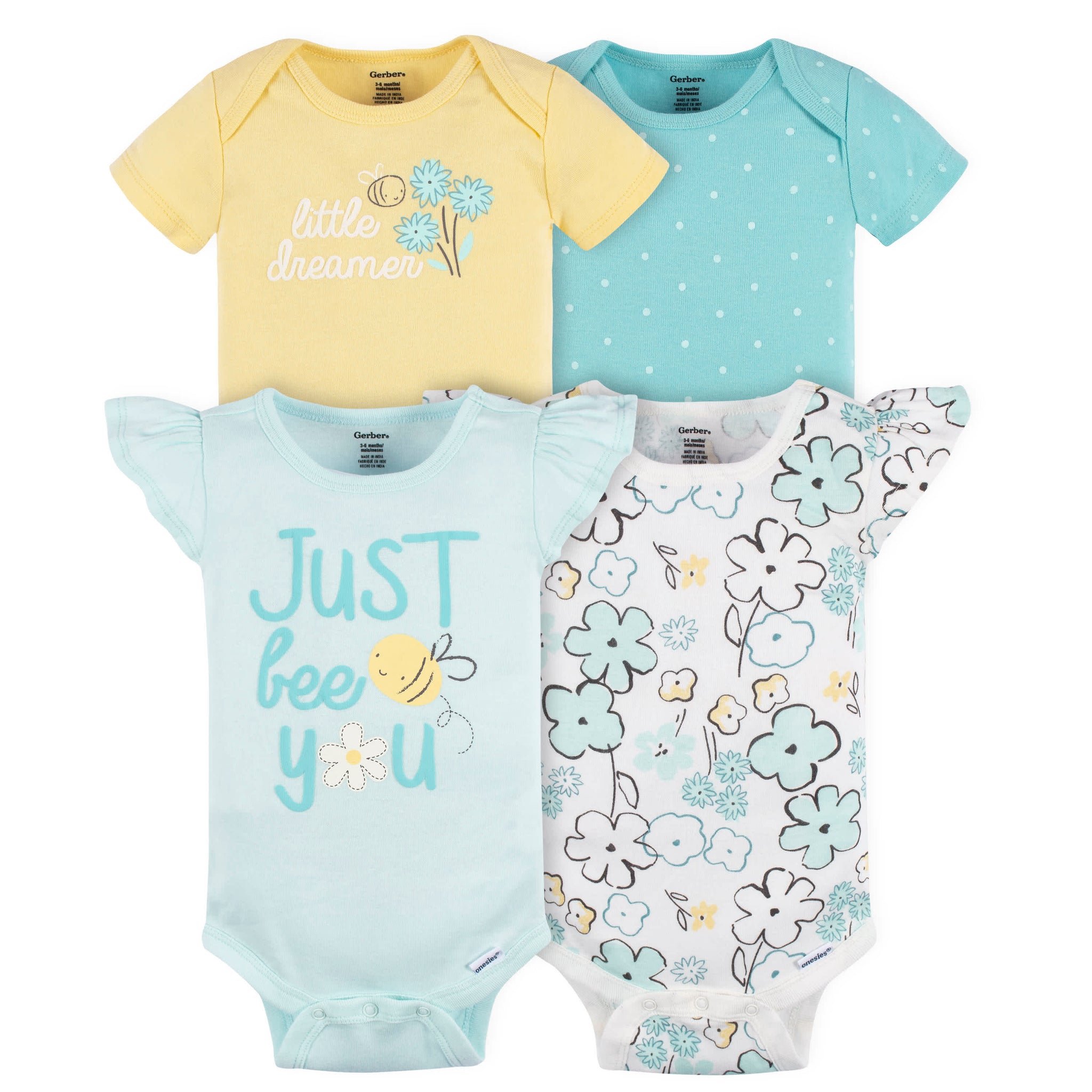 4-Pack Baby Girls Bee Petals Short Sleeve Onesies® Brand Bodysuits-Gerber Childrenswear Wholesale