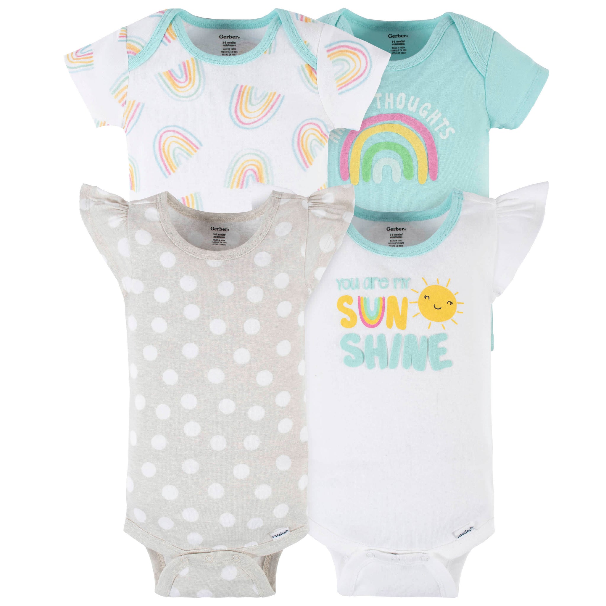 4-Pack Baby Girls Dots Of Rainbows Short Sleeve Onesies® Bodysuits-Gerber Childrenswear Wholesale