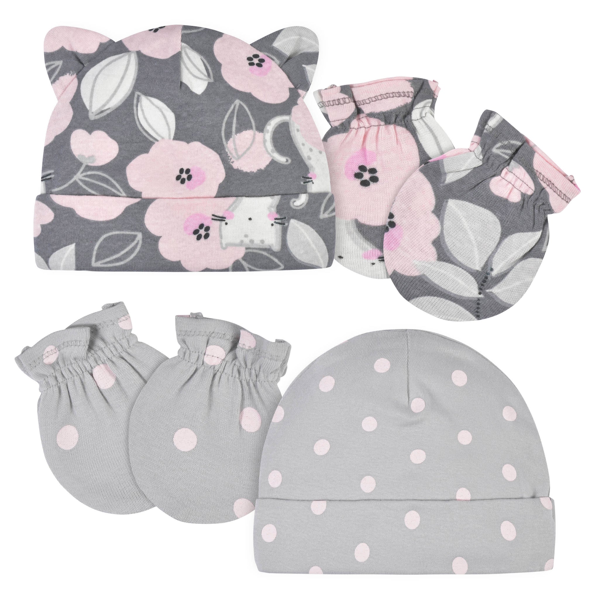 4-Piece Baby Girls Floral Caps & No Scratch Mittens Set-Gerber Childrenswear Wholesale