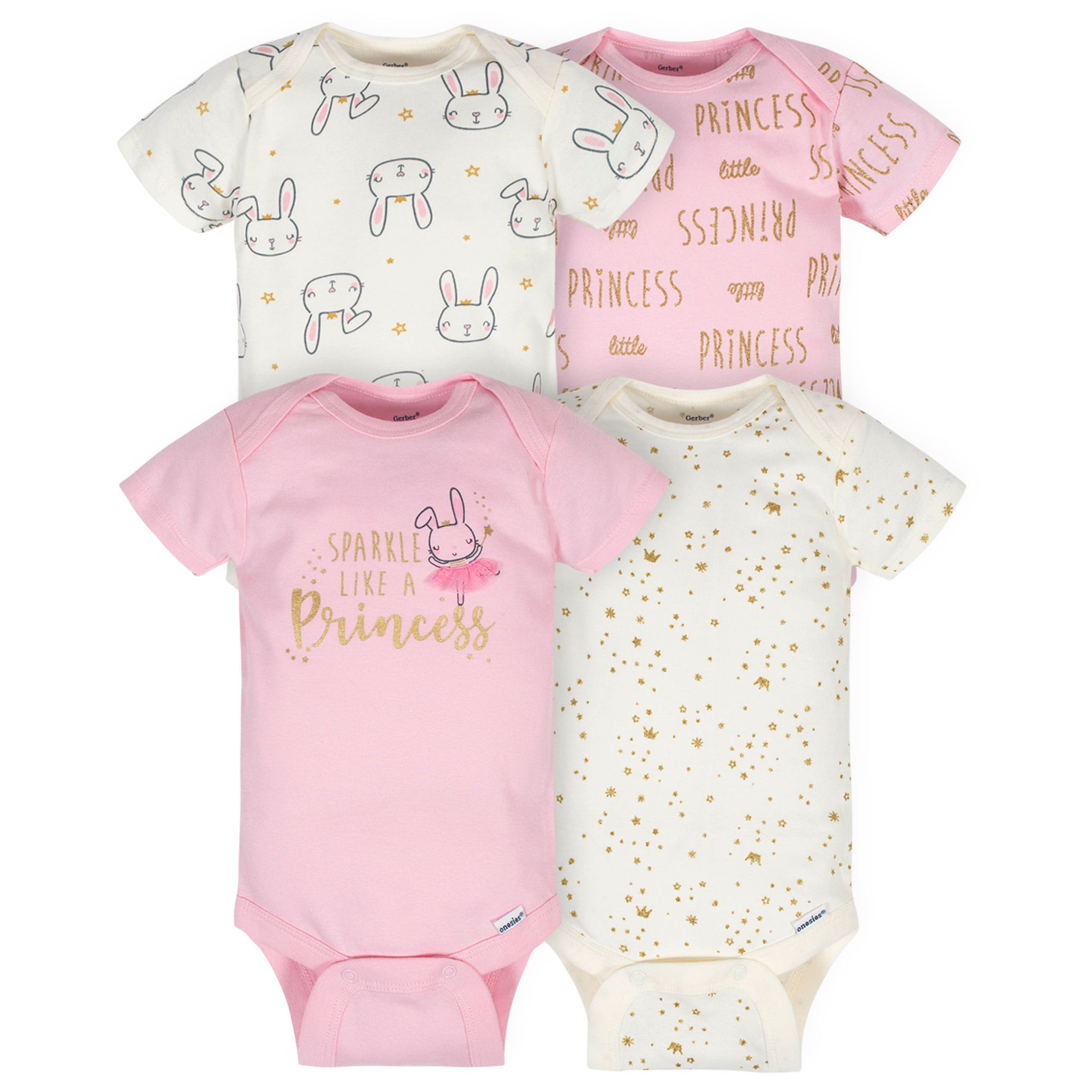 4-Pack Baby Girls Princess Short Sleeve Onesies® Bodysuits-Gerber Childrenswear Wholesale