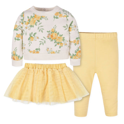 3-Piece Baby & Toddler Girls Golden Flowers French Terry Top, Tulle Tutu, & Legging Set-Gerber Childrenswear Wholesale