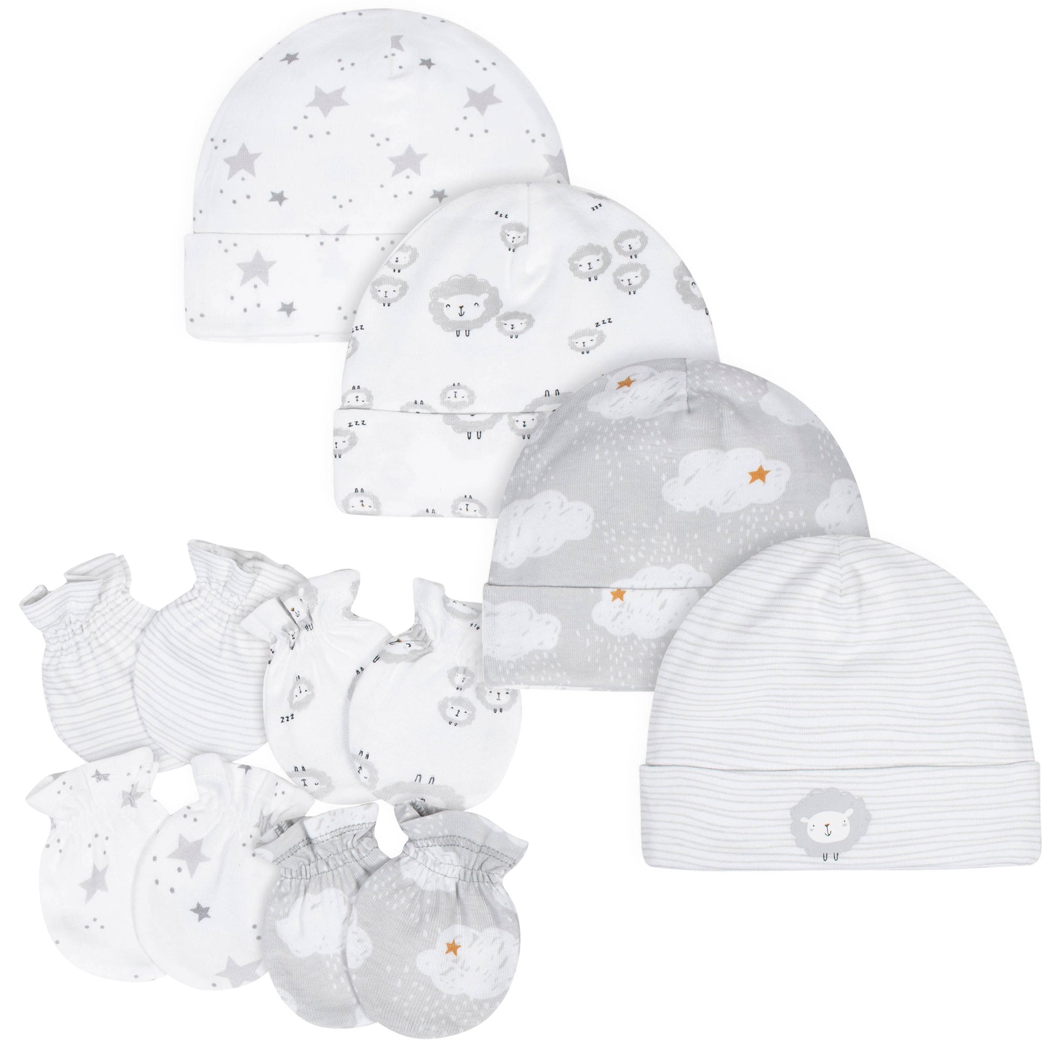 8-Piece Baby Neutral Sheep Caps and Mittens Bundle-Gerber Childrenswear Wholesale
