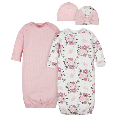 4-Piece Organic Baby Girls Floral Gowns & Caps-Gerber Childrenswear Wholesale