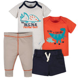4-Piece Baby Boys Dinosaurs Onesies® Bodysuit, Short, Shirt and Active Pant Set-Gerber Childrenswear Wholesale