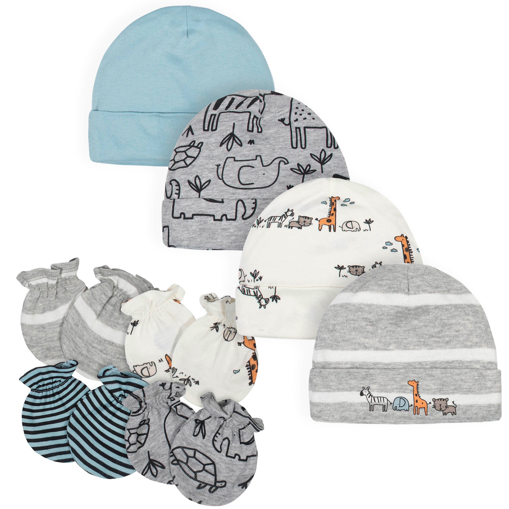 8-Piece Baby Boys Jungle Caps and Mittens Bundle-Gerber Childrenswear Wholesale