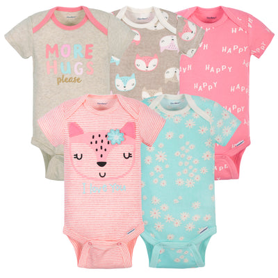 5-Pack Baby Girls Fox Short Sleeve Onesies® Bodysuits-Gerber Childrenswear Wholesale