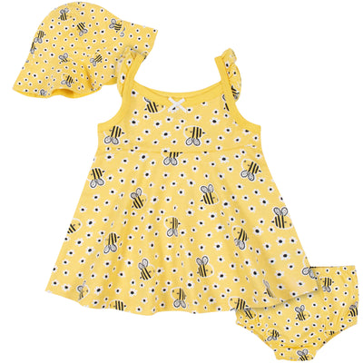 3-Piece Baby & Toddler Girls Bee Garden Dress, Diaper Cover & Sun Hat Set-Gerber Childrenswear Wholesale