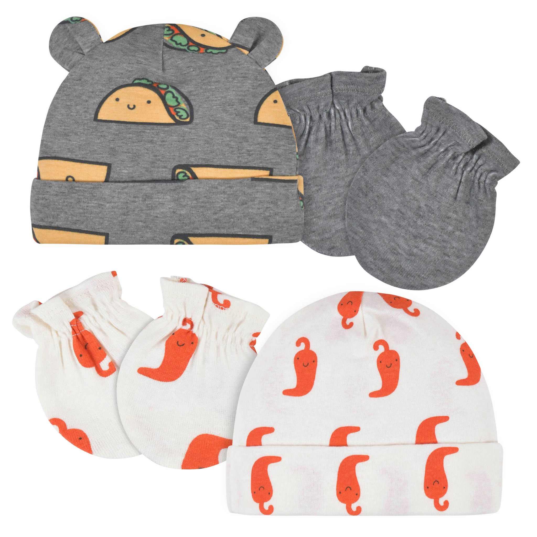 4-Piece Baby Neutral Tacos Caps & No Scratch Mittens Set-Gerber Childrenswear Wholesale