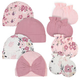 8-Piece Organic Baby Girls Floral Caps & No Scratch Mittens-Gerber Childrenswear Wholesale