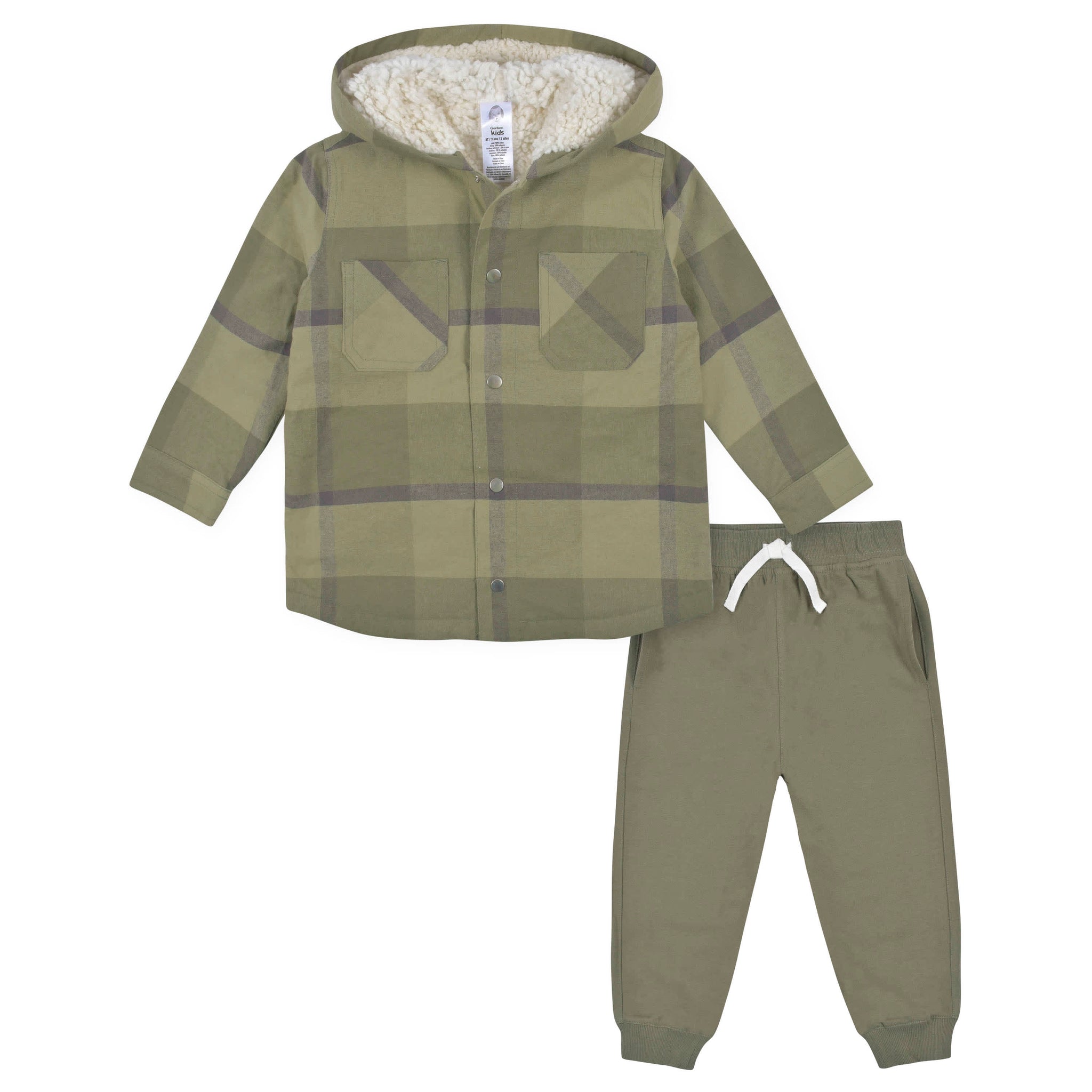 2-Piece Infant & Toddler Boys Sage Green Plaid Flannel Jacket & Jogger Set-Gerber Childrenswear Wholesale