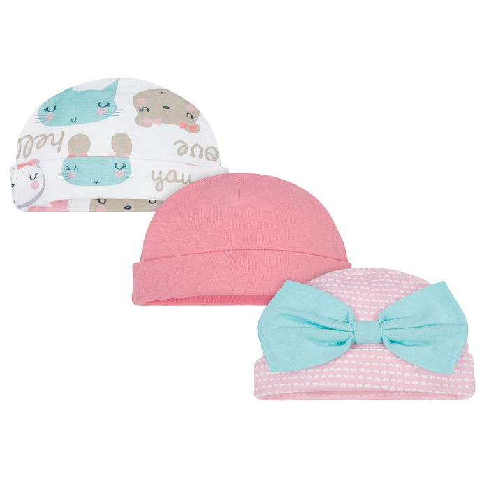 Newborn Baby Girl Organic Cotton Rib Caps, 3-pack-Gerber Childrenswear Wholesale