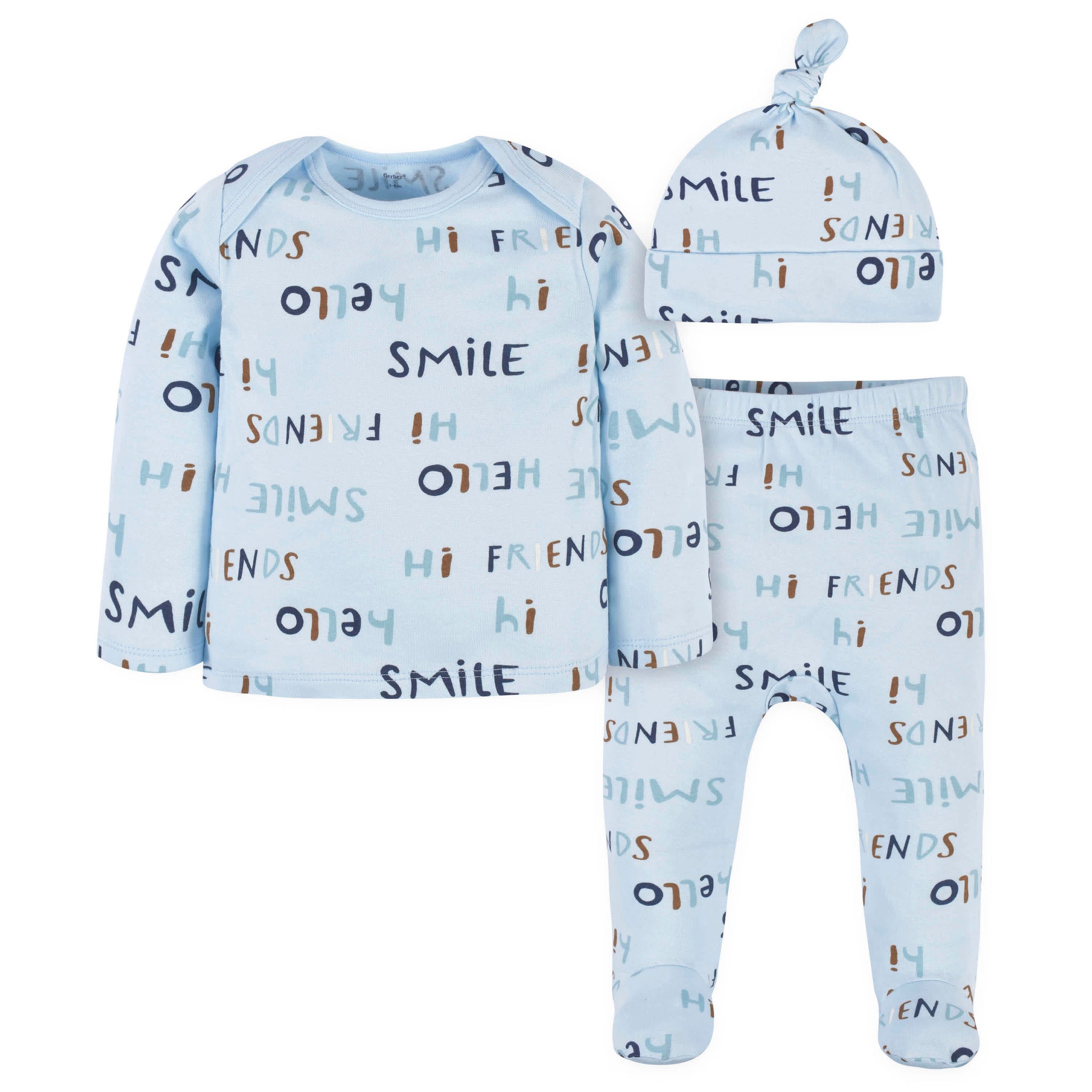 3-Piece Baby Boys Comfy Stretch "Smile" Long Sleeve Shirt, Footed Pant, & Cap Set-Gerber Childrenswear Wholesale