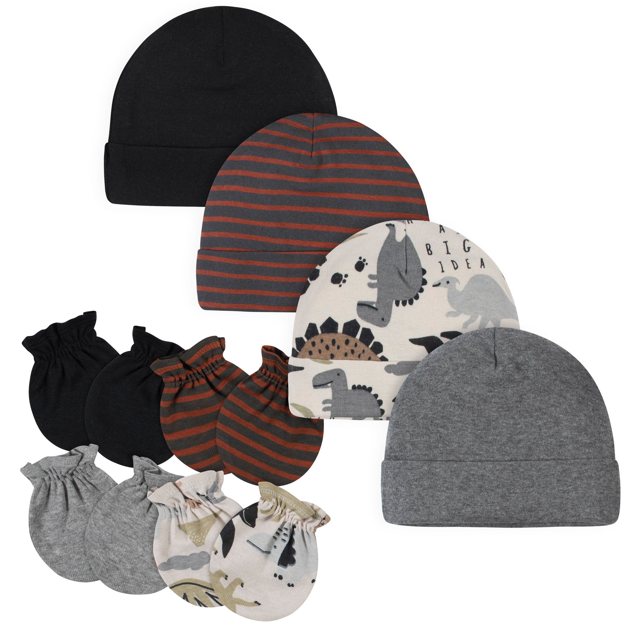8-Piece Baby Neutral Dino Caps & Mittens Set-Gerber Childrenswear Wholesale