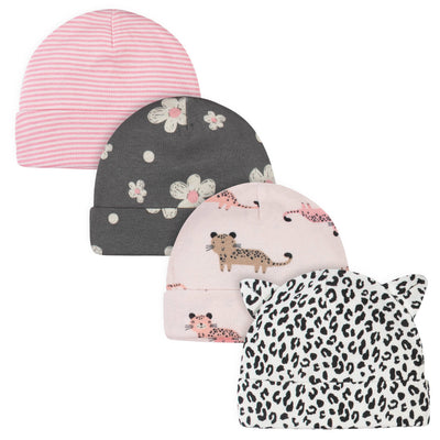 4-Pack Baby Girls Leopard Caps-Gerber Childrenswear Wholesale