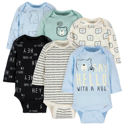 6-Pack Baby Boys Bear Long Sleeve Onesies® Bodysuits-Gerber Childrenswear Wholesale
