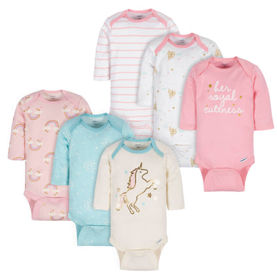 6-Pack Baby Girls Unicorn & Royalty Long Sleeve Onesies® Bodysuits-Gerber Childrenswear Wholesale