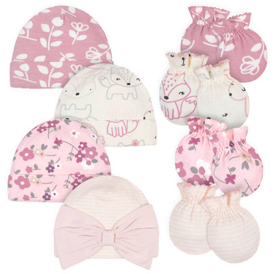 8-Piece Organic Baby Girls Fox Caps & No Scratch Mittens-Gerber Childrenswear Wholesale