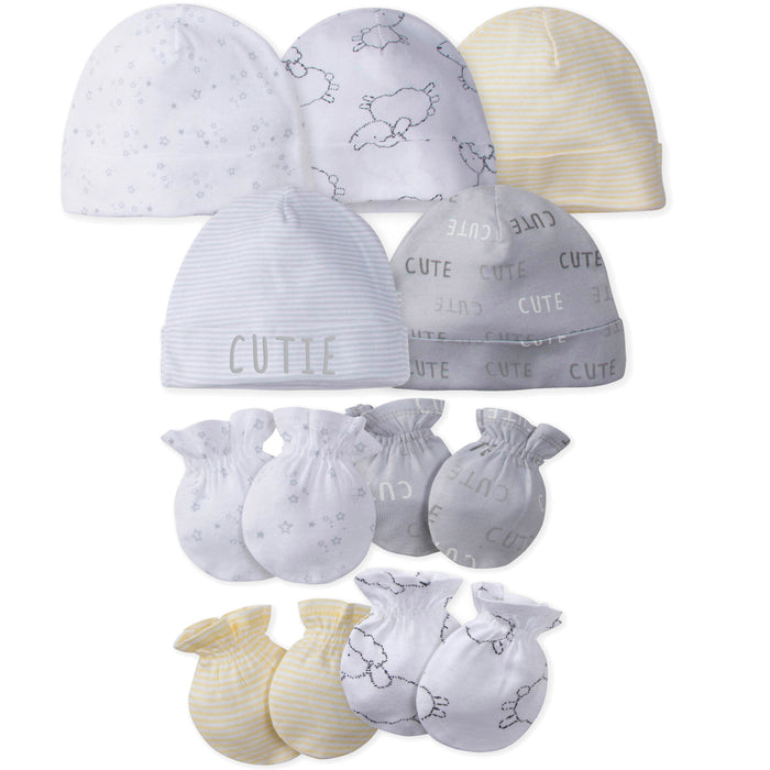 9-Piece Baby Neutral Lamb Caps and Mittens Set-Gerber Childrenswear Wholesale