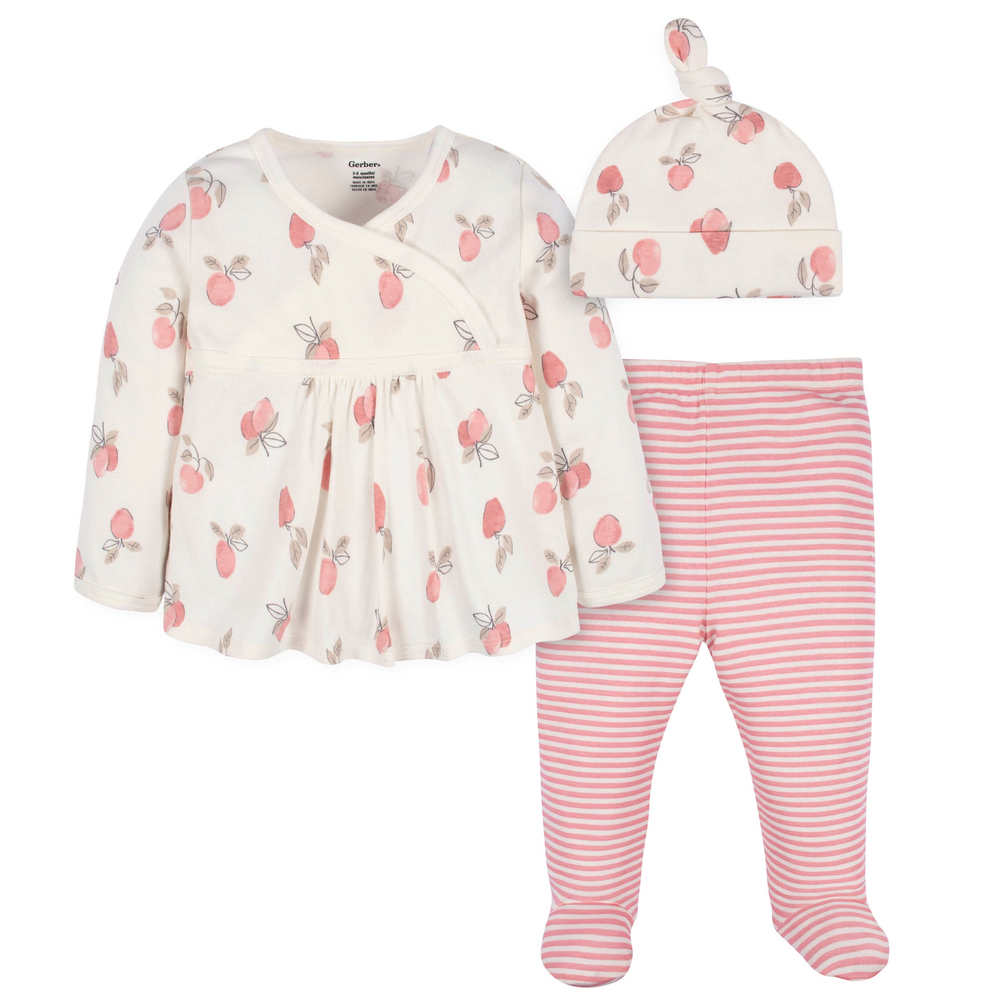 3-Piece Baby Girls Appley Sweet Long Sleeve Shirt, Footed Pant, & Cap Set-Gerber Childrenswear Wholesale